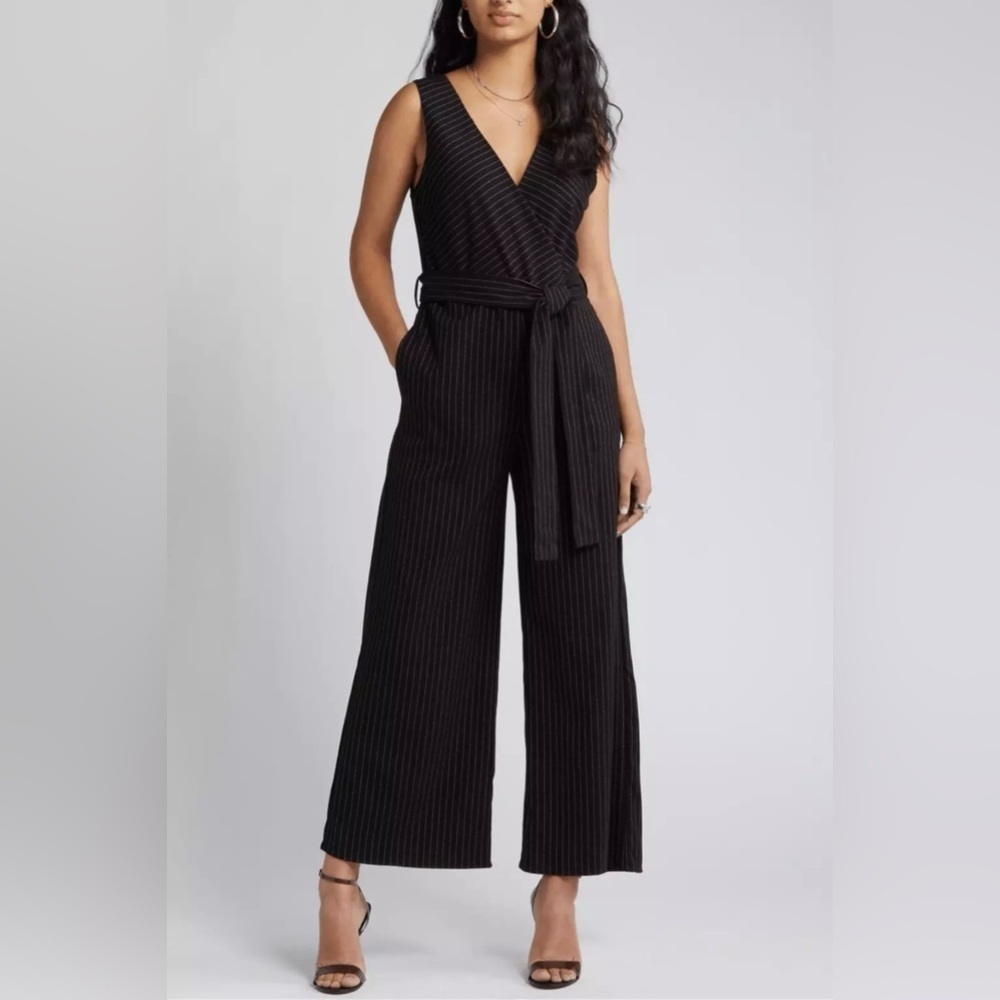 Chelsea28 Pinstripe Faux Wrap Sleeveless Jumpsuit Small
